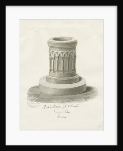 Font at Biddulph Church: sepia drawing, 1844 by John Buckler