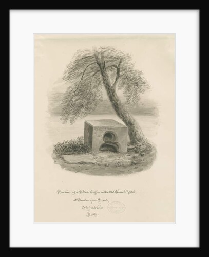 Burton-upon-Trent - Stone coffin in Old Churchyard: sepia drawing, 1839 by John Buckler