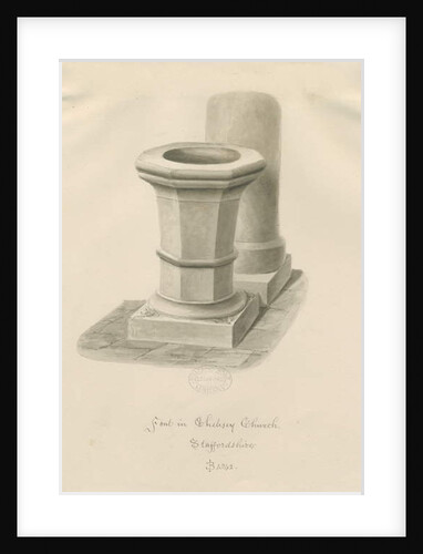 Font in Chebsey Church: sepia drawing, 1842 by John Buckler