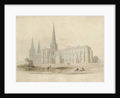 Lichfield Cathedral - South East View: drawing and wash by School English