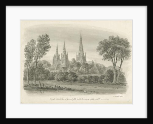 Lichfield Cathedral - South West View: sepia drawing, 1843 by John Buckler