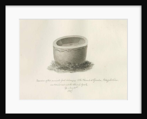 Font in Grindon Church: sepia drawing, 25 May 1847 by John Buckler