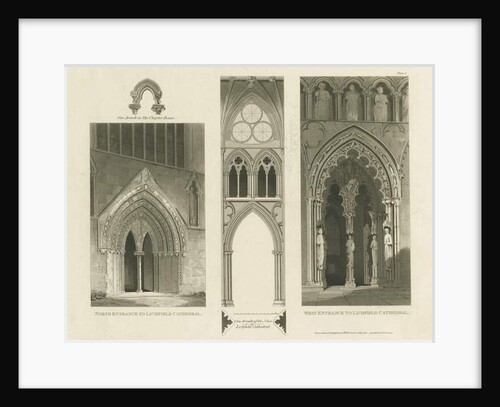 Lichfield Cathedral - West Entrance, North Entrance and Nave: aquatint engraving, 1813 by Charles Wild