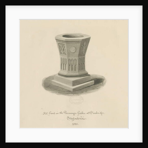 Penkridge - Font in Parsonage Garden: sepia drawing, 1831 by John Buckler