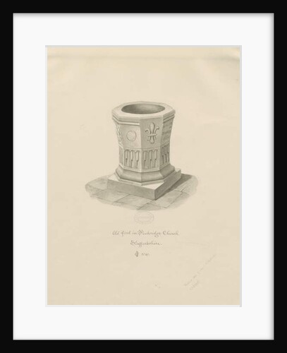 Font in Penkridge Church: sepia drawing, 1841 by John Chessell Buckler