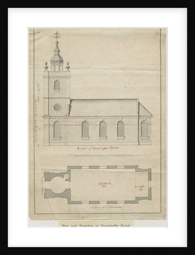 Marchington Church - Exterior Elevation and Interior Plan: pen drawing by School English