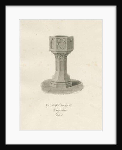 Font in Rolleston Church: sepia drawing, 1848 by John Buckler