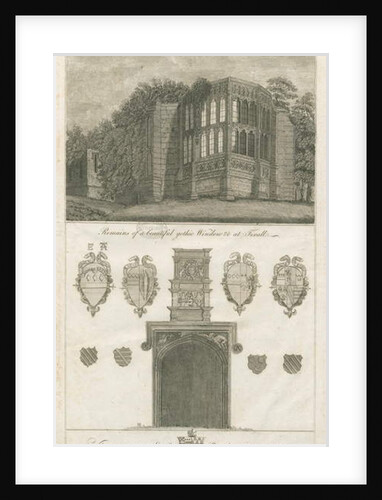 Tixall Hall - Gothic Window and Heraldic Antiquities: engraving by Stebbing Shaw