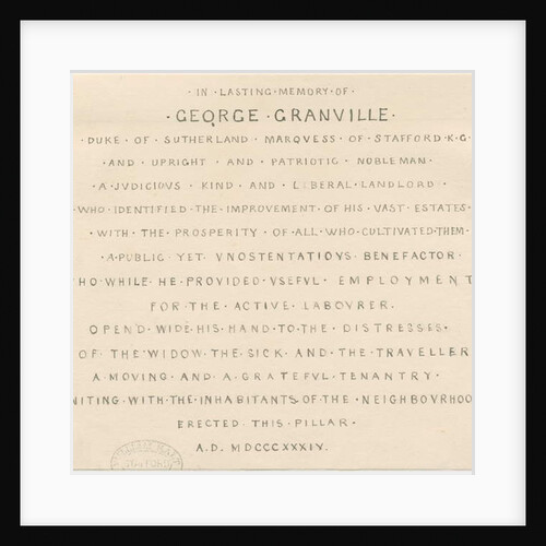 Trentham - Inscription on Monument to Duke of Sutherland: pen drawing, nd [1838] by Thomas Peploe Wood