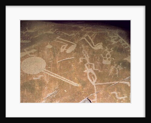 Carved petroglyph depicting figures, deer, elk, birds, boats and circles, 3rd millennium BC by Karelian Karelian