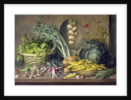 Garlic and radishes and a peacock buttefly, 1997 by Amelia Kleiser