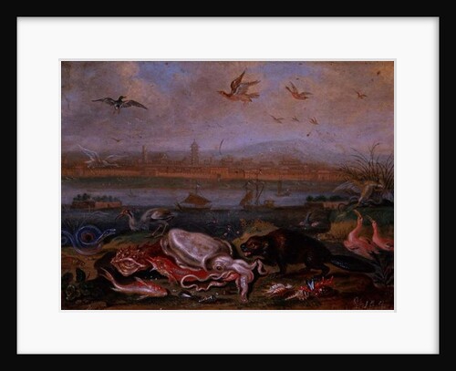 Creatures from the four continents in a landscape with a view of Canton in the background by Ferdinand van Kessel