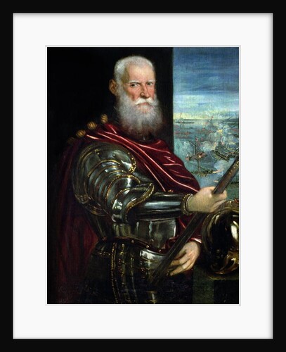 Portrait of Sebastiano Vernier Commander-in-Chief of the Venetian forces in the war against the Ottoman Empire with the battle of Lepanto in the background, c.1571 by Jacopo Robusti Tintoretto