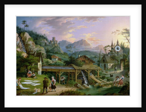 Picture Clock with scene of an Alpine village landscape with clock mechanism in church tower, 1833 by C. L. Hoffmeister