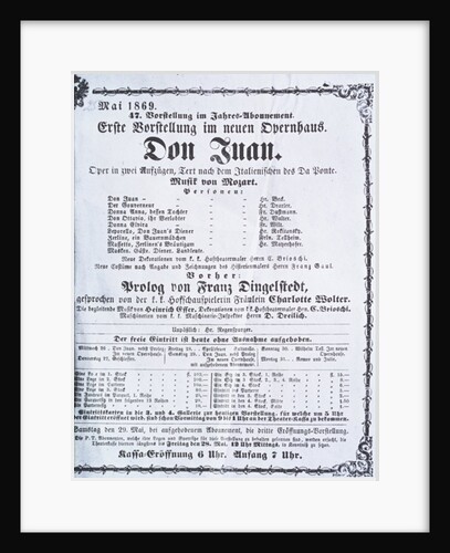 Poster advertising a performance of 'Don Juan' by Wolfgang Amadeus Mozart May 1869 by Austrian School