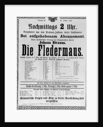 Poster advertising 'Die Fledermaus' by Johann Strauss the Younger by Austrian School