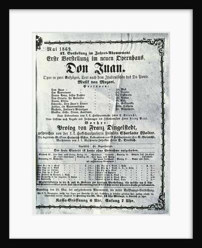 Poster advertising a performance of 'Don Juan' by Wolfgang Amadeus Mozart May 1869 by Austrian School