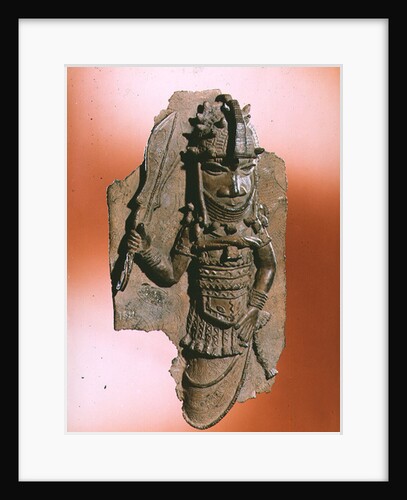 Plaque depicting the royal god Oba holding the eben sword in his right hand, dancing to honour his ancestors, Benin, possibly 16th century by Anonymous