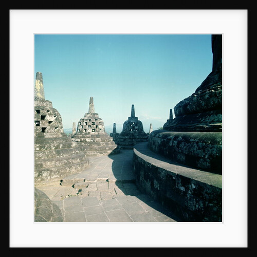 View of the uppermost circular terrace surrounded by latticed stupas or dagobs, erected c.800 AD by Anonymous