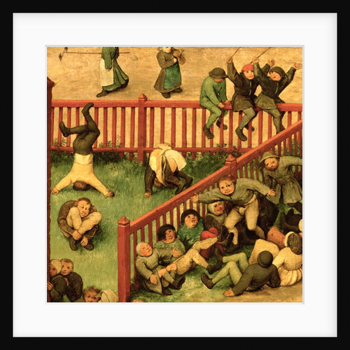 Children's Games: detail of left-hand section showing children running the gauntlet, doing gymnastics and balancing on a fence, 1560 by Pieter the Elder Bruegel