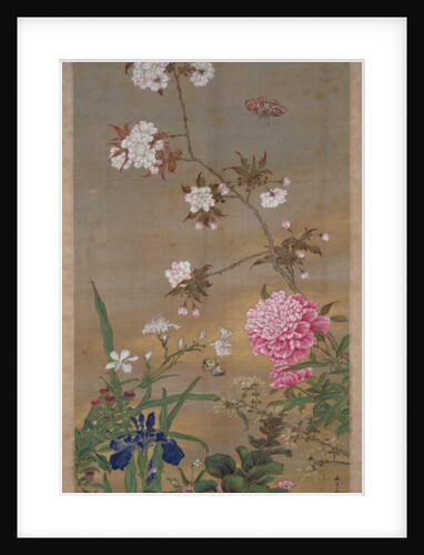 Peony, iris, cherry blossom and a butterfly, 1828 by Abe Kan Torin
