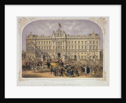 View of Buckingham Palace with a Crowd Outside Applauding Queen Victoria and Prince Albert as they Ride Out in a Carriage, c.1855 by English School