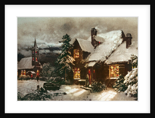 Church and Cottage with Lighted Windows by School English