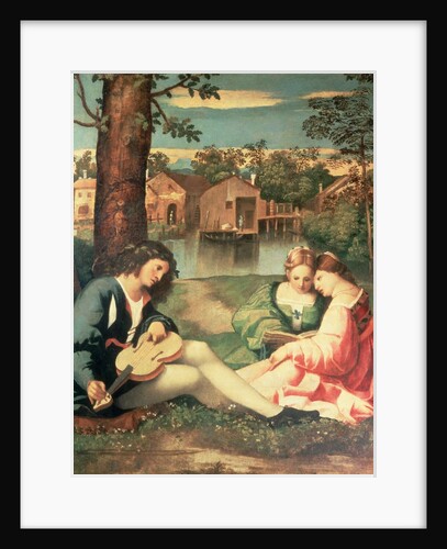 Youth with a guitar and two girls sitting on a river bank by Giorgione