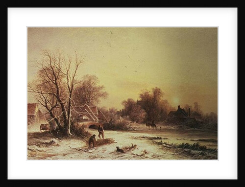 Winter scene: Collecting wood on a river bank by George Augustus Williams