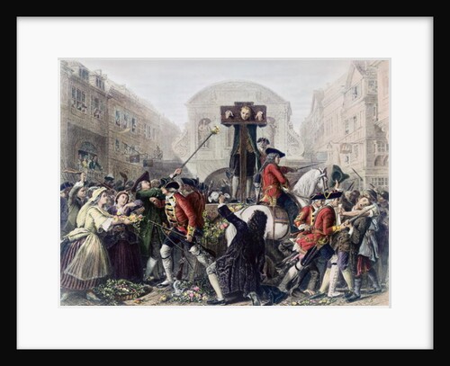 View of Daniel Defoe in the pillory at Temple Bar surrounded by a crowd by Eyre (after) Crowe