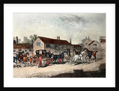 The Mail Coach Changing Horses, engraved by R. Havell, 1815 by James (after) Pollard