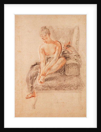 Semi-nude woman seated on a chaise longue, holding her foot by Jean Antoine Watteau
