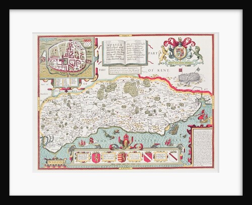 Sussex, engraved by Jodocus Hondius from John Speed's Theatre of the Empire of Great Britain, pub. by John Sudbury and George Humble, 1611-12 by John (after) Speed
