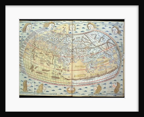 Map of the world, based on descriptions and co-ordinates given in 'Geographia', first published in Ulm, Germany by Ptolemy