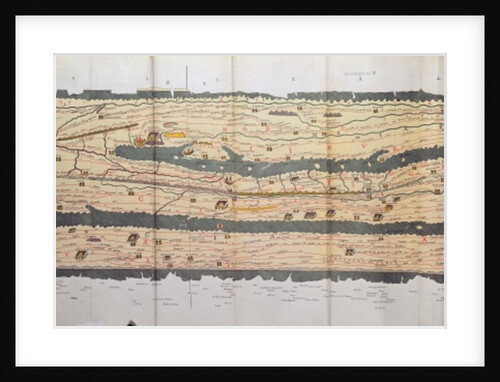 Part of the Tabula Peutingeriana, an illustrated itinerarium of the road network in the Roman EmpireDetail of Italy from the Peutinger map copy by Anonymous