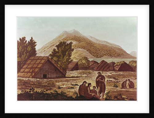 Natives, with Huts and Mountains Behind by English School