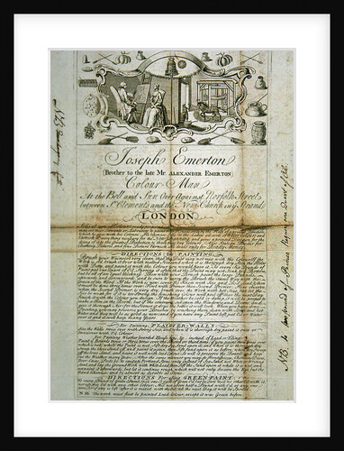 Trade sheet of Joseph Emerton, Colour Man. advertising supplies of materials for painters and artists, c.1744 by Anonymous