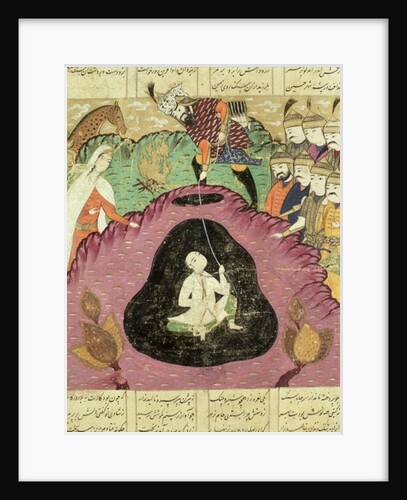 Rostam pulling Bijan from the cave by Persian School