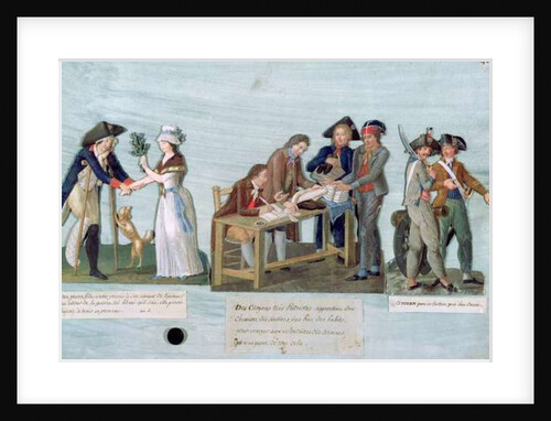 A Woman Promising to Marry her Wounded Suitor after the War, Patriotic Citizens Donating their Clothes to the Fighting Volunteers and Guards near their cannon, c.1792 by Lesueur Brothers