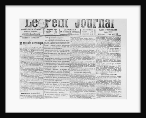 Front page of 'Le Petit Journal', telling of the resignation of Patrice de MacMahon, 1 February 1879 by French School