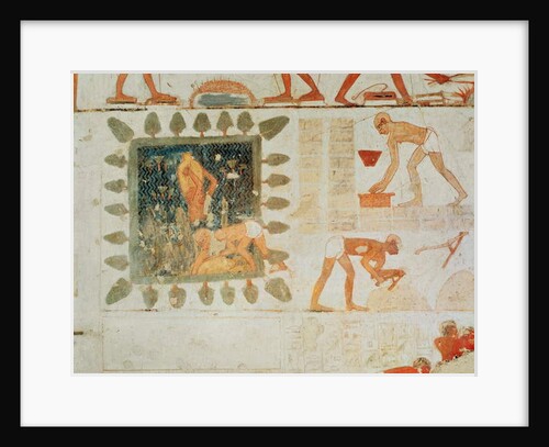 Wall painting depicting two men collecting water from a square lake surrounded by trees and slaves making bricks by Egyptian 18th Dynasty