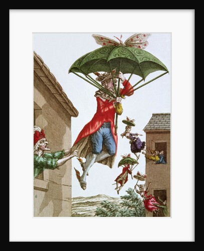 Held Aloft by Umbrellas and Butterflies, Men and Women Fly Out of Windows by French School