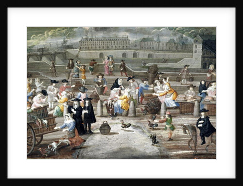 Bread and Poultry Market on Quai des Grands Augustins, painted for a fan by French School