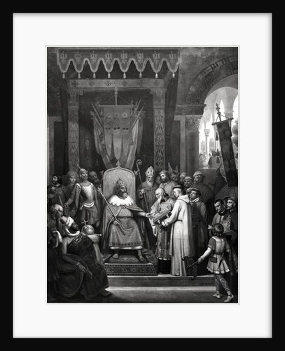 Emperor Charlemagne Surrounded by his Principal Officers, Receiving Alcuin who is Presenting some Manuscripts made by his Monks by Jean Victor Schnetz