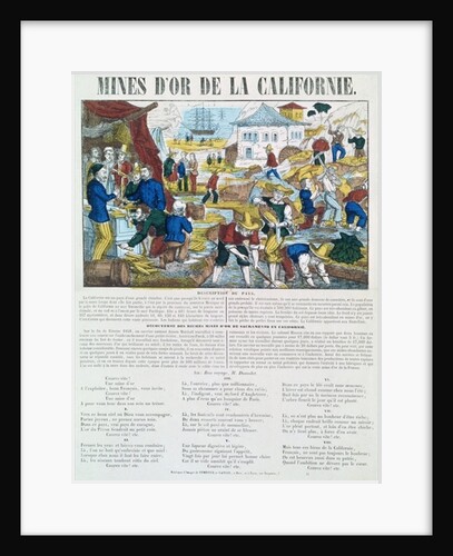 Illustrated lyric and history sheet for the 'Mines d'Or de la Californie' by French School