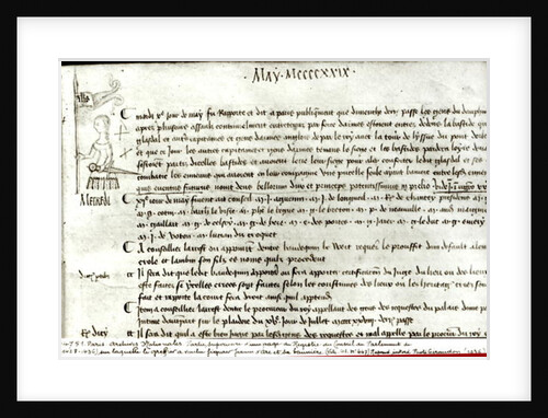 Page from 'The Register of the Council of the Parliament of Paris' depicting Joan of Arc, 10th May 1429 by French School
