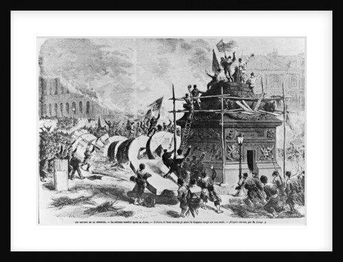 The Vendome column just after its fall, Federes and fake sailors putting the red flag in the pedestal, 16th May 1871 by Auguste Andre Lancon