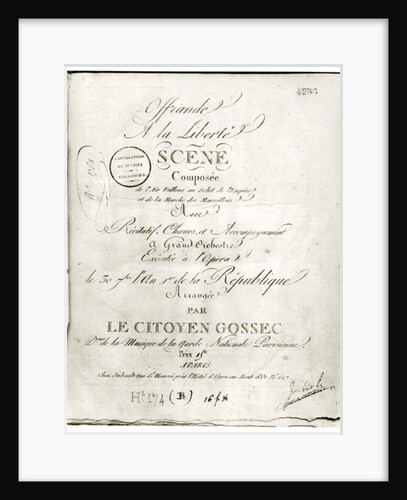 Cover for the score of 'Offrande a la Liberte' arranged by Francois Joseph Gossec and performed at the Opera 30th September An I, 1792 by French School
