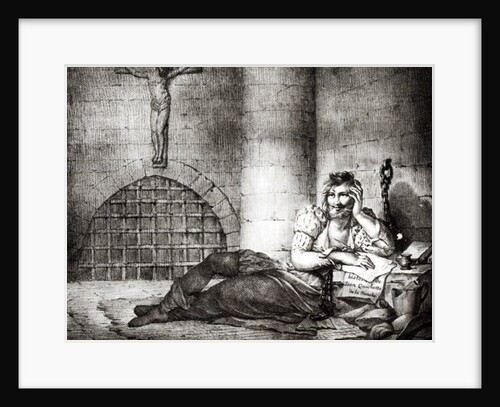 Miguel de Cervantes Saavedra writing 'Don Quixote' in an Inquisition dungeon by Charles Etienne Pierre Motte