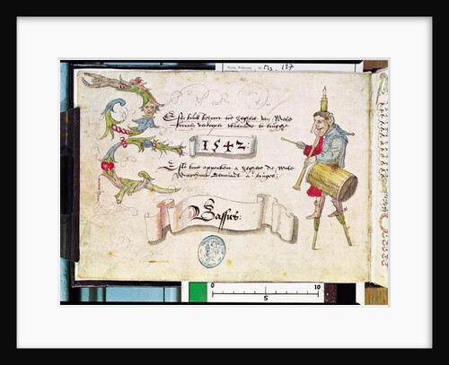 Ms 127 Frontispiece of 'Receuil des Chants Religieux et Profanes III' depicting a fool on stilts with musical instruments and a candle on his head, 1542 by Flemish School